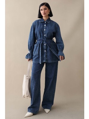 inStyle Kolu Taşlı Fırfırlı Koyu Mavi Kot Takım