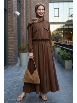 inStyle Cep Kapak Detaylı Fermuarlı Kahverengi Modal Takım