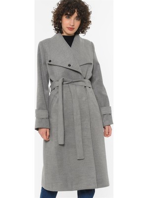 Dewberry Z6645 Kadın Açık Gri Palto Uzun Kol Dokuma Orta Kalınlık Düz Desenli