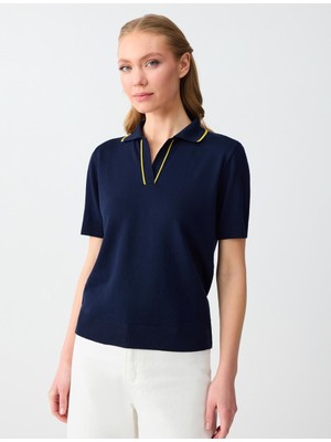 Jimmy Key Lacivert V Yaka Kısa Kollu Çizgi Detaylı Triko Bluz