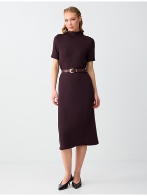 Jimmy Key Kahverengi Dik Yaka Kısa Kollu Midi Örme Elbise