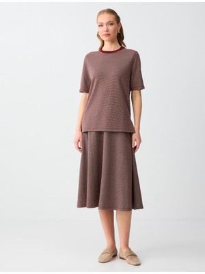 Jimmy Key Bordo Kazayağı Desenli Normal Bel Örme Midi Etek