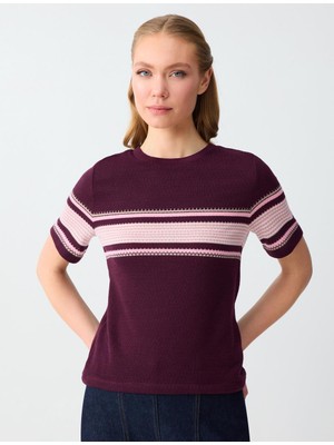 Jimmy Key Bordo Bisiklet Yaka Kısa Kollu Çizgi Desenli Triko Bluz