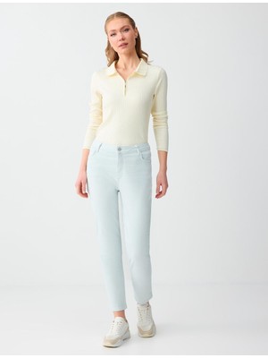 Jimmy Key Mavi Normal Paça Yüksek Bel Cepli Dokuma Pantolon