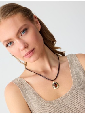 Jimmy Key Kahverengi Büyük Taş Detaylı Ipli Kolye