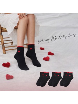 Kral Socks 3 Çift Kadın Kalp Desenli Dikişsiz Burun Pamuklu Patik Çorap