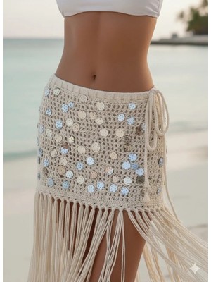 Hsc Bilişim Kadın Ekru El Yapımı Plaj Pareosu–payet Detaylı Bohem Etek,plaj ve Tatil Kombini,ıç Giyim
