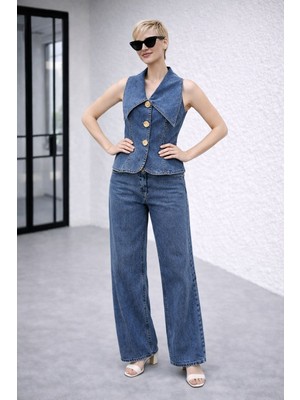 Hiramir Kadın Gold Düğme Detaylı Yelekli Denim Kot Takım YZ2613