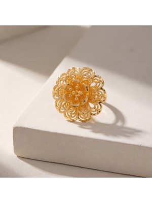 Ferizz Altın Kaplama Yuvarlak Çiçek Motifli Ayarlanabilir Kadın Yüzük YZK-523