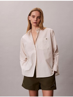 Calvin Klein Ipliği Boyalı Pamuklu Poplin Rahat Kesim Kadın Beyaz Gömlek LV047F103G-F7J