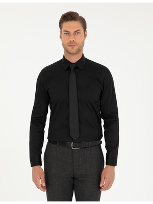 Pierre Cardin Erkek Siyah Parlak Saten Slim Fit Uzun Kollu Basic Gömlek 50292520-VR046