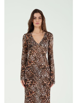 Louren P25007 Önü V Uzun Leopar Elbise