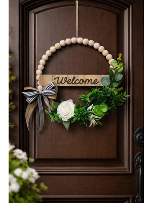 Rosfloa Doğal Ahşap Boncuklu Özel Tasarım Kapı Süsü Kapı Çelengi Duvar Süsü Hediyelik 30 cm