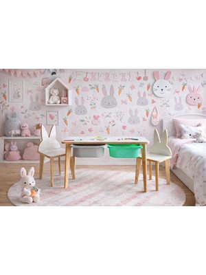 Asrimo Yaz Sil Yüzeyli Çocuk Aktivite Masa Sandalye Takımı - Çift Hazneli Tavşan Sandalye