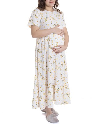 Baby Mom Anne Hamile Elbise Papatya Baskılı Bisiklet Yaka Kısa Kol Patiksiz