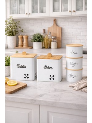 Decorev Bambu Kapaklı Metal Patates ve Soğan Saklama Kovası Kare  & Çay Kahve Şeker Kavanoz Seti – Beyaz