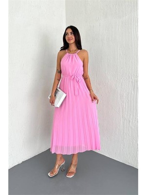 Dip Moda Dipmoda Kadın Kuşaklı Midi Boy Askılı Şifon Elbise DPK4207