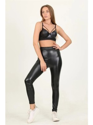Dip Moda Dipmoda Kadın Siyah Yeni Sezon Yüksek Bel Toparlayıcı Deri Tayt DPLPTR08