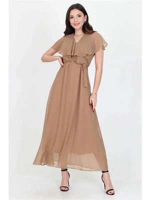 Dip Moda Dipmoda Kadın Yeni Sezon Kruvaze Yaka Bağlama Detaylı Uzun Şifon Elbise DP0001