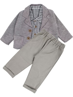 by BebekOdam Erkek Bebek Gri Ekose Gömlekli Çizgili Ceketli 3'lü Lüks Takım - 1016548
