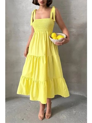 Dip Moda Dipmoda Kadın Sarı Askılı Poplin Kumaş Yazlık Elbise DPG091
