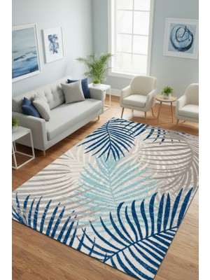 The Reef Design Mavi Tropikal Yaprak Desenli Halı Dijital Baskılı Kaymaz Modern Mavi Yapraklı Oturma Odası Halısı