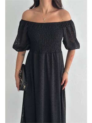 Dip Moda Dipmoda Kadın Siyah Kare Yaka Dantel Elbise DPK053