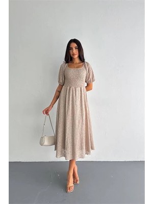 Dip Moda Dipmoda Kadın Vizon Kare Yaka Dantel Elbise DPK053