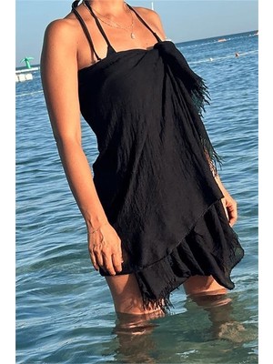 Dip Moda Kadın Siyah Müslin Kumaş Şal Pareo DPMHT02