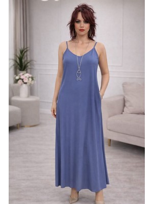 İNDİGO MAVİ ASKILI ELBİSE