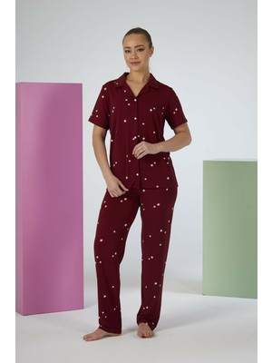 Estiva Kadın Yıldız Desenli Bordo Kısa Kollu Önden Düğmeli Soft Pijama Takımı