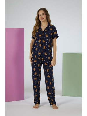 Estiva Kadın Ayıcık Desenli Lacivert Kısa Kollu Önden Düğmeli Soft Pijama Takımı