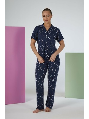 Estiva Kadın Gece Desenli Lacivert Kısa Kollu Önden Düğmeli Soft Pijama Takımı