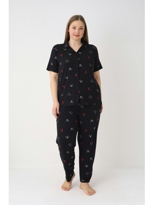Estiva Kadın Kalp Desenli Siyah Kısa Kollu Önden Düğmeli Soft Battal Pijama Takımı