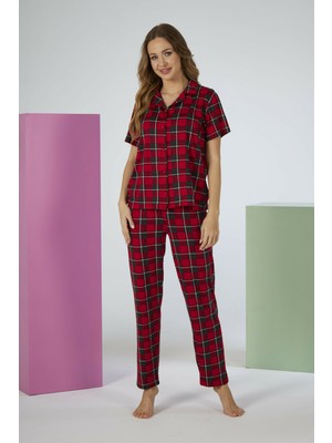Estiva Kadın Kareli Kırmızı Kısa Kollu Önden Düğmeli Soft Pijama Takımı