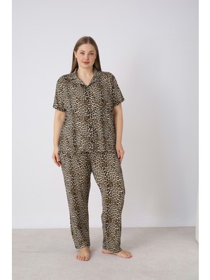 Estiva Kadın Kaplan Desenli Kahverengi Kısa Kollu Önden Düğmeli Soft Battal Pijama Takımı