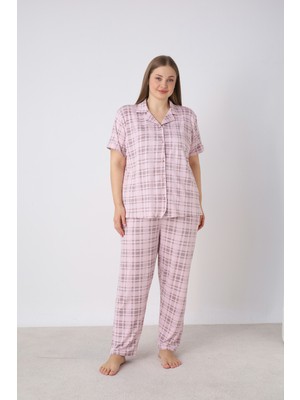 Estiva Kadın Kareli Pembe Kısa Kollu Önden Düğmeli Soft Battal Pijama Takımı