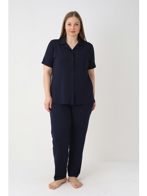 Estiva Kadın Lacivert Kısa Kollu Önden Düğmeli Soft Battal Pijama Takımı