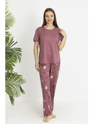 Estiva Kadın Ayıcık Alt Desenli Kısa Kollu Soft Pijama Takımı