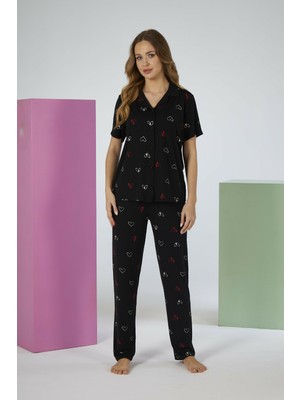 Estiva Kadın Kalp Desenli Siyah Kısa Kollu Önden Düğmeli Soft Pijama Takımı