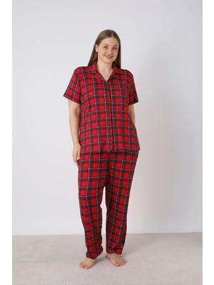 Estiva Kadın Kareli Kırmızı Kısa Kollu Önden Düğmeli Soft Battal Pijama Takımı