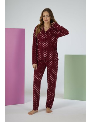 Estiva Kadın Puantiyeli Bordo Önden Düğmeli Soft Pijama Takımı