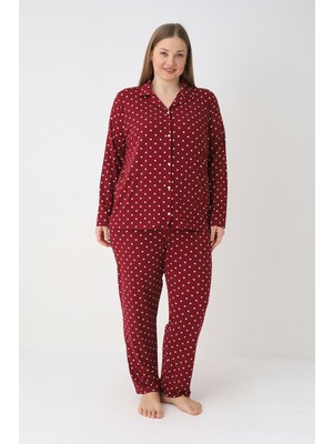 Estiva Kadın Puantiyeli Bordo Önden Düğmeli Soft Battal Pijama Takımı