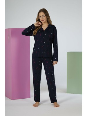 Estiva Kadın Love Desenli Lacivert Önden Düğmeli Soft Pijama Takımı