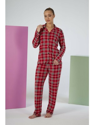 Estiva Kadın Kareli Kırmızı Önden Düğmeli Soft Pijama Takımı