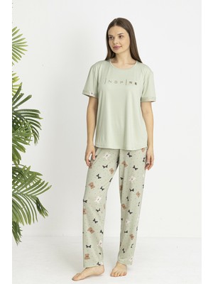 Estiva Kadın Ayıcık Alt Desenli Kısa Kollu Soft Pijama Takımı