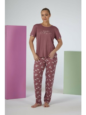 Estiva Kadın Yaprak Alt Desenli Kısa Kollu Soft Pijama Takımı