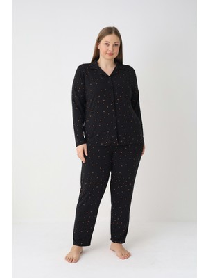 Estiva Kadın Puantiyeli Siyah Önden Düğmeli Soft Battal Pijama Takımı
