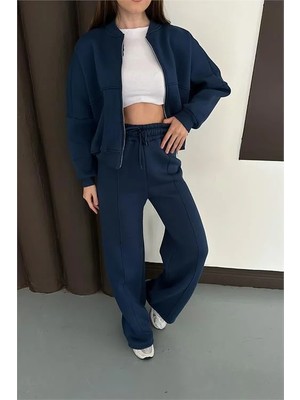 Dip Moda Kadın Lacivert Fermuarlı 3 Iplik Eşofman Takımı DPESF01