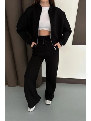 Dip Moda Kadın Siyah Cepli Içi Polarlı 3 Iplik Eşofman Takımı RYHS001